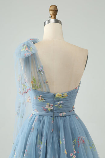 Szaro-Niebieska Tiulowa Sukienki Koktajlowe Z Kwiatowym Haftem