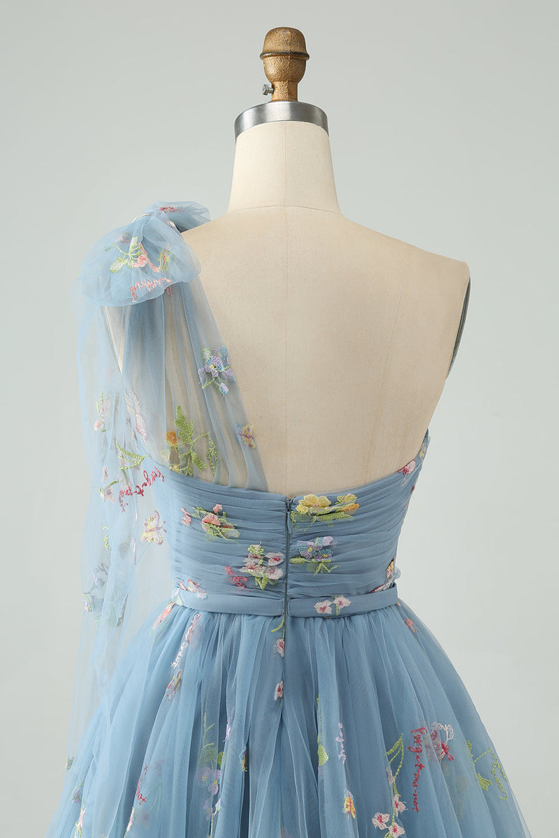 Załaduj obraz do przeglądarki galerii, Szaro-Niebieska Tiulowa Sukienki Koktajlowe Z Kwiatowym Haftem