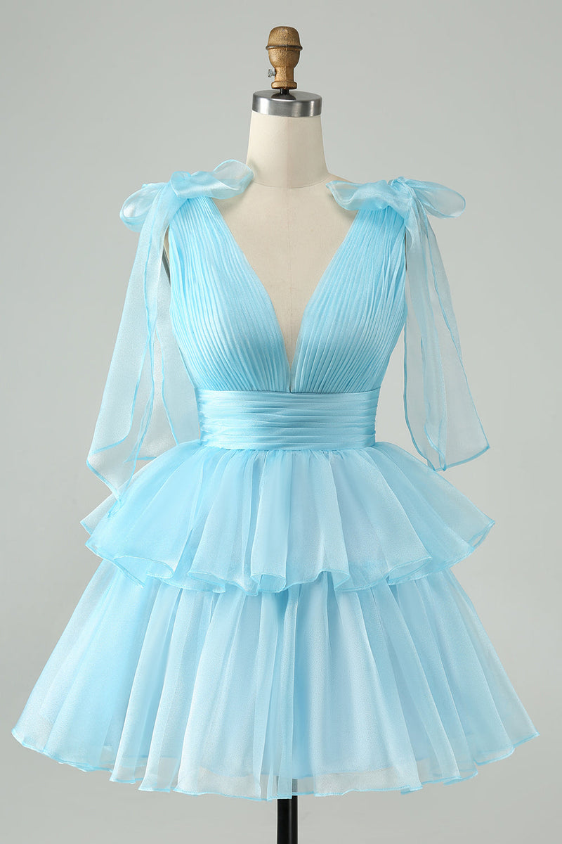 Załaduj obraz do przeglądarki galerii, Błękitna Sukienki Koktajlowe z Falbanami w Kształcie Litery A