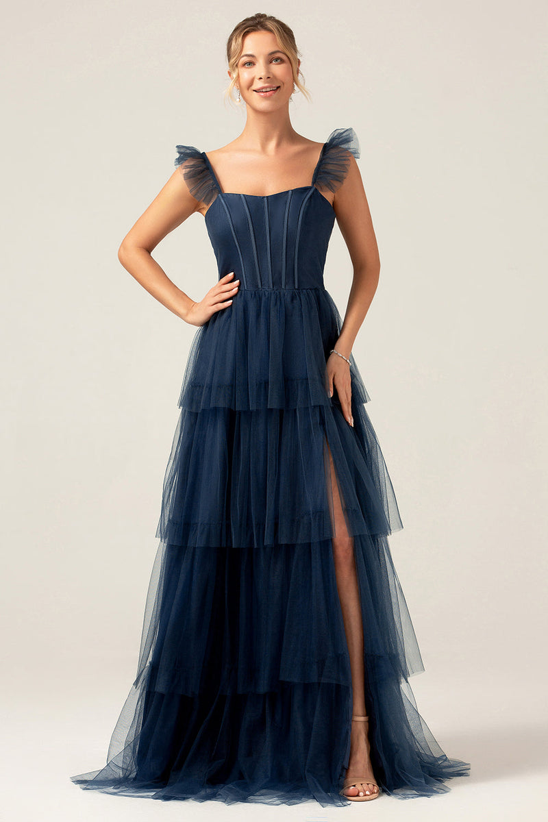 Załaduj obraz do przeglądarki galerii, Zakurzony Błękit Gorsetowa Długa Sukienka Na Wesele z Falbanami