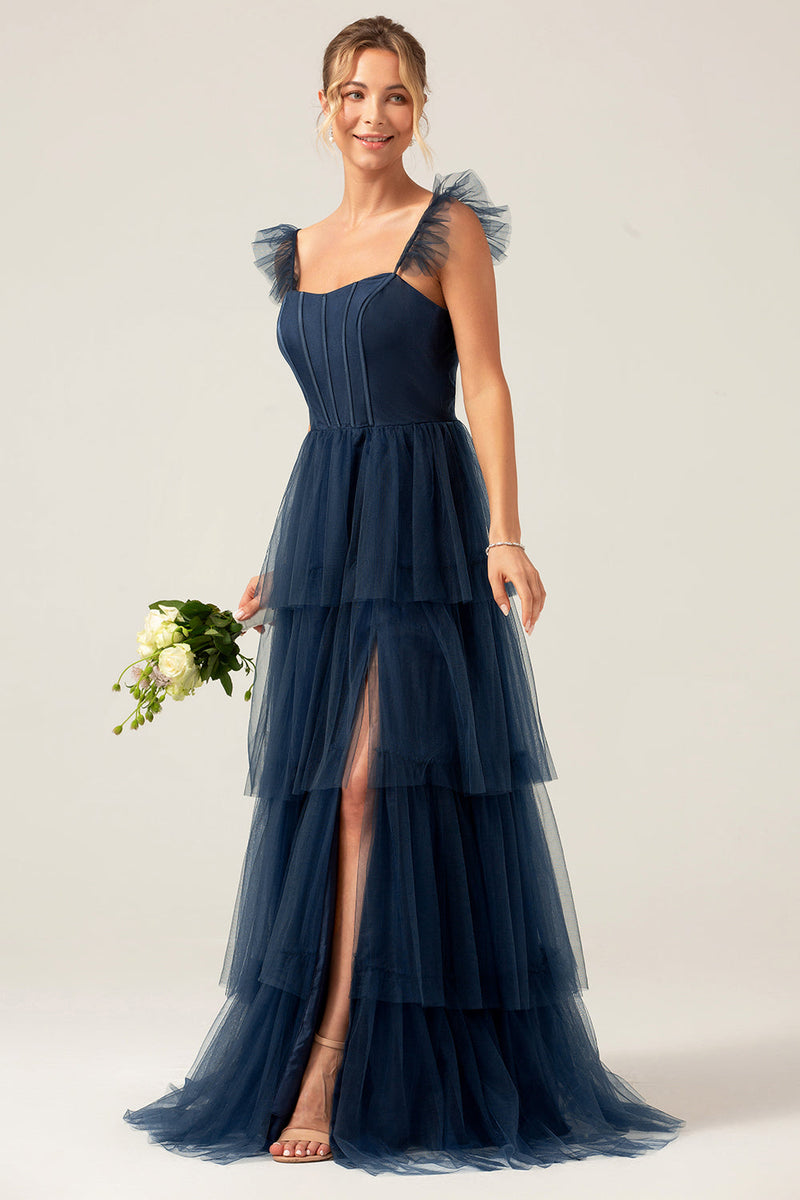 Załaduj obraz do przeglądarki galerii, Zakurzony Błękit Gorsetowa Długa Sukienka Na Wesele z Falbanami