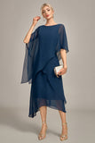 Granatowy szyfon, A-line Boat Neck Midi Choir Dress