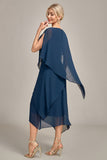 Granatowy szyfon, A-line Boat Neck Midi Choir Dress