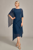 Granatowy szyfon, A-line Boat Neck Midi Choir Dress