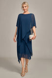 Granatowy szyfon, A-line Boat Neck Midi Choir Dress