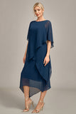 Granatowy szyfon, A-line Boat Neck Midi Choir Dress
