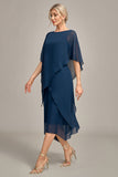 Granatowy szyfon, A-line Boat Neck Midi Choir Dress