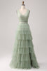 Załaduj obraz do przeglądarki galerii, Szaro Zielona Dekolt V Sukienka Dla Swiadkowej Z Falbanami
