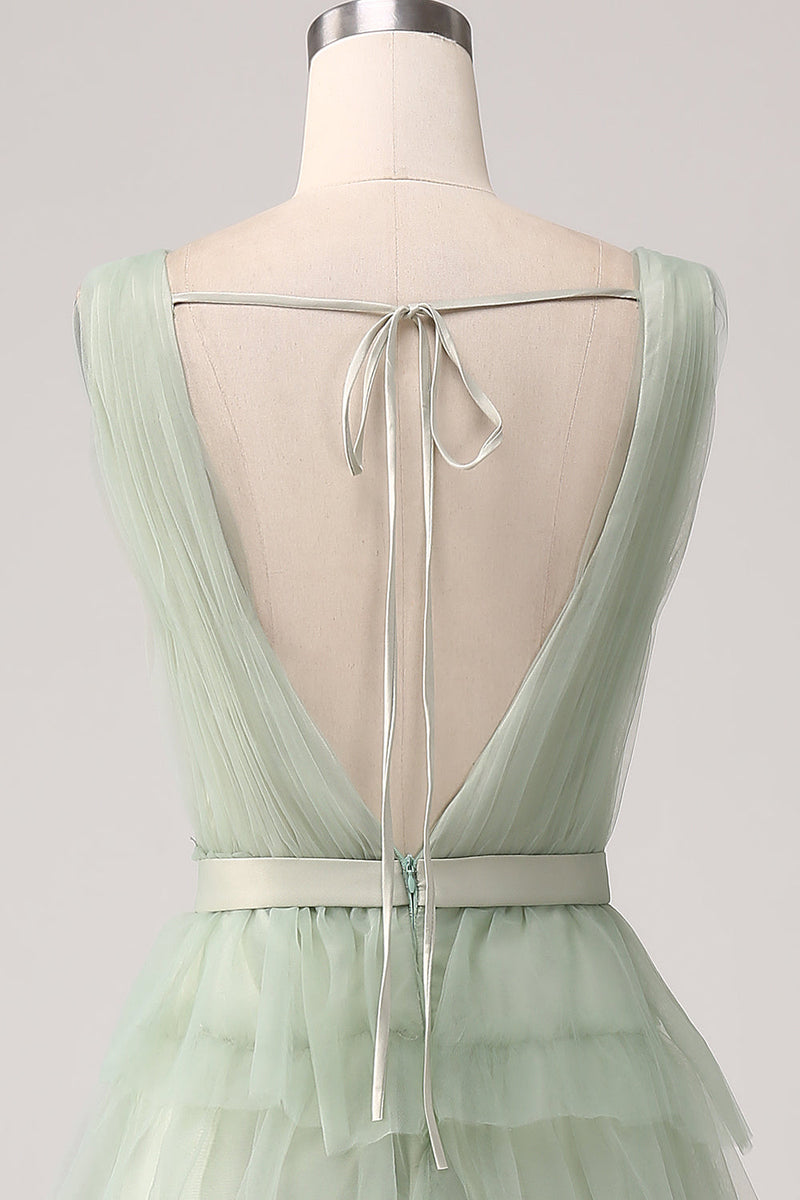 Załaduj obraz do przeglądarki galerii, Szaro Zielona Dekolt V Sukienka Dla Swiadkowej Z Falbanami