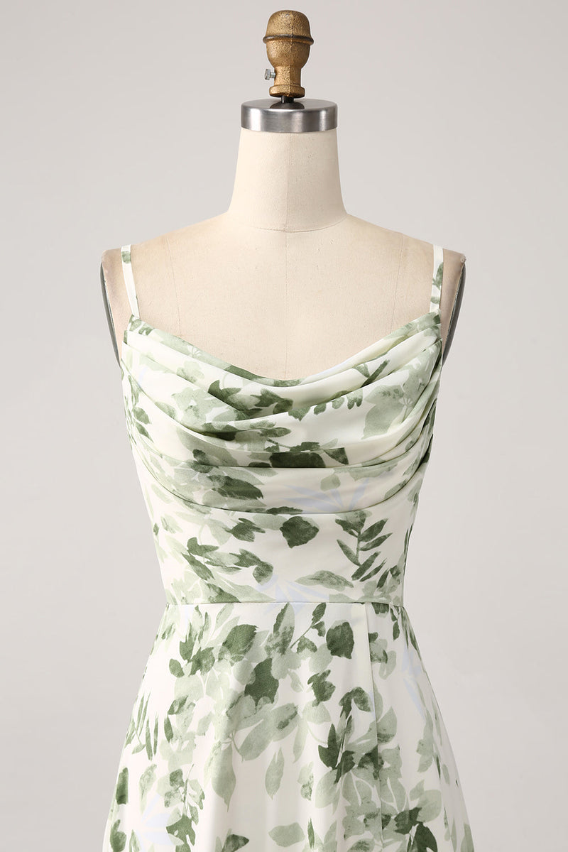 Załaduj obraz do przeglądarki galerii, Zielony Kwiatowy Cienkich Ramiączkach Sukienki Na Wesele z Falbanami