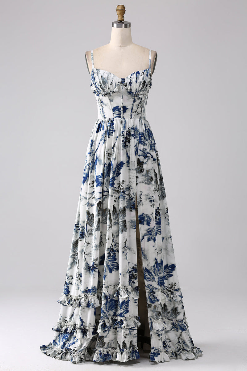 Załaduj obraz do przeglądarki galerii, Niebieska Gorsetowe Sukienka Dla Swiadkowej W Kwiaty