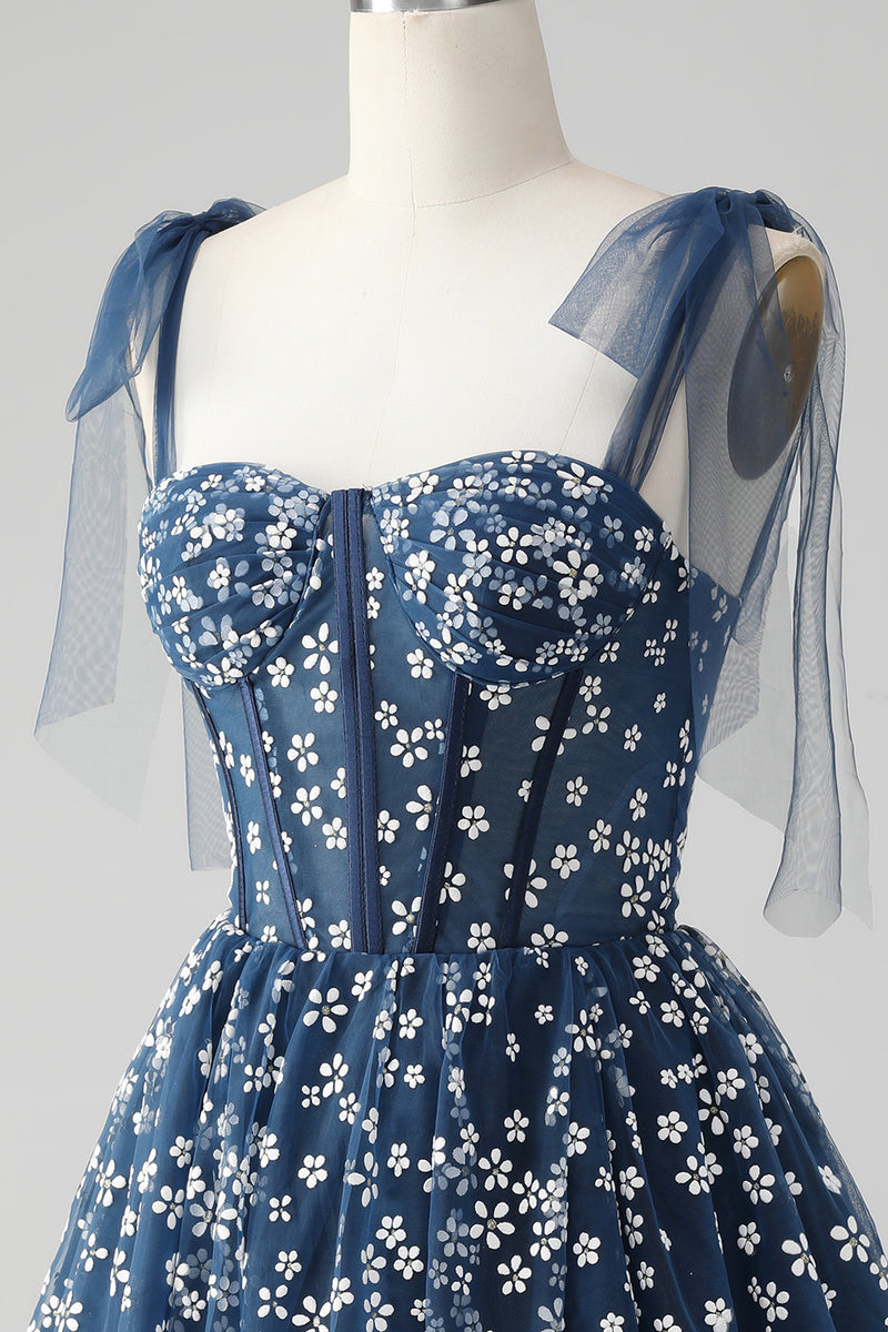 Załaduj obraz do przeglądarki galerii, Granatowa Gorsetowe Sukienki Koktajlowe W Kwiaty