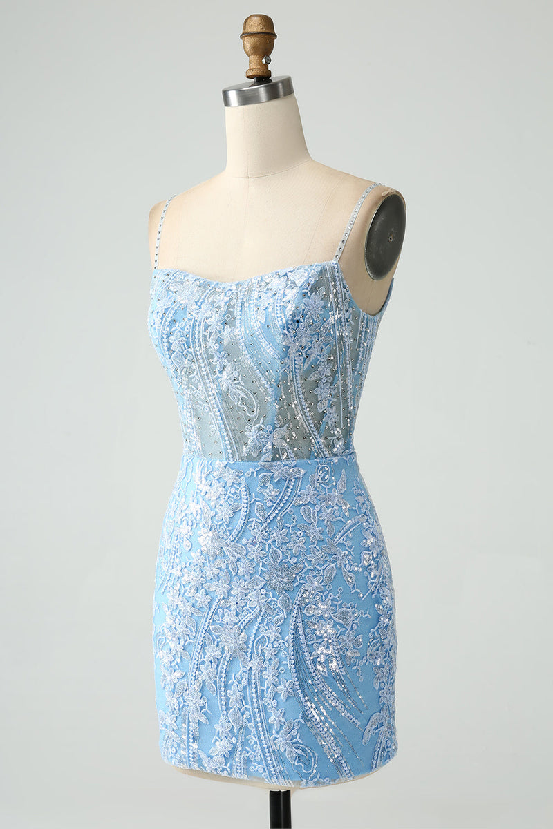 Załaduj obraz do przeglądarki galerii, Błyszcząca Cienkich Ramiączkach Błękitna Sukienki Ołówkowe Koktajlowe Z Koralikami
