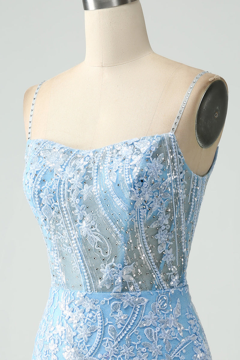 Załaduj obraz do przeglądarki galerii, Błyszcząca Cienkich Ramiączkach Błękitna Sukienki Ołówkowe Koktajlowe Z Koralikami