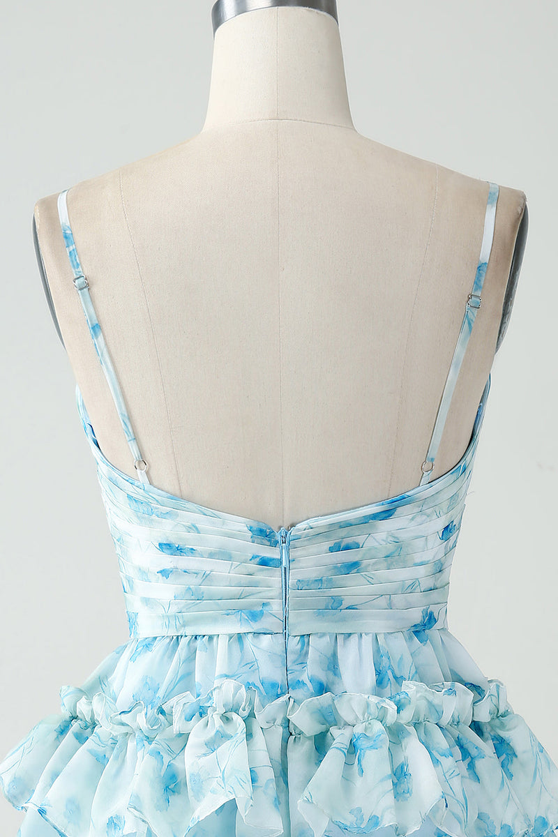 Załaduj obraz do przeglądarki galerii, Warstwowa Niebieska Cienkich Ramiączkach Sukienka Na Studniówkę Krótka