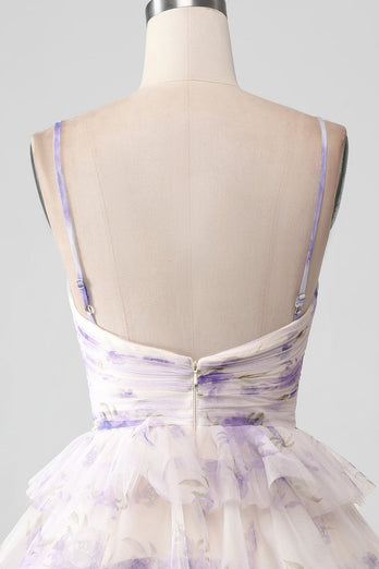 Lavender Kwiat Cienkich Ramiączkach Sukienka Koktajlowe Z Falbanami