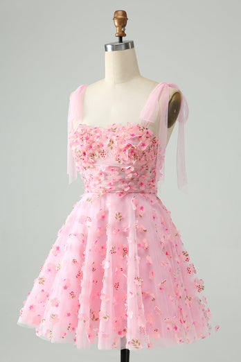 Śliczna Różowa Cienkich Ramiączkach Sukienki Koktajlowe Z Kwiatami 3d