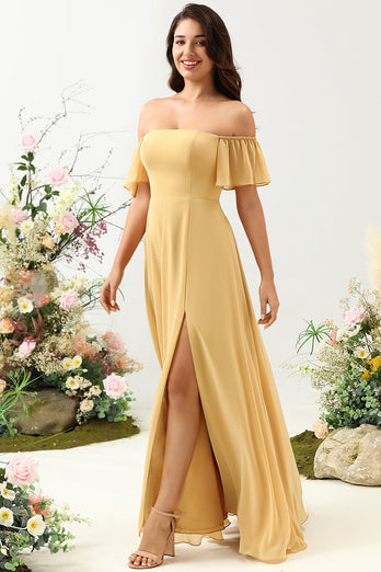 Plus Size Kwiatowy Nadruk Żółta Sukienki Dla Druhny z Odkrytymi Ramionami