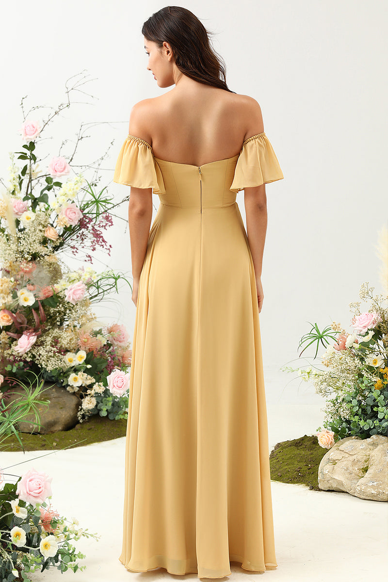 Załaduj obraz do przeglądarki galerii, Szyfon Żółta Długa Sukienki Dla Druhny