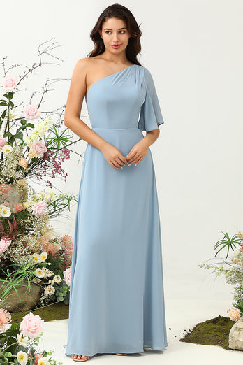 Szaro-Niebieska Sukienka Dla Druhen Na Jedno Ramię Z Szyfonem Boho