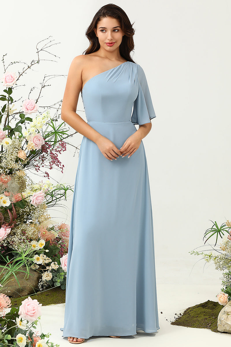 Załaduj obraz do przeglądarki galerii, Szaro-Niebieska Sukienka Dla Druhen Na Jedno Ramię Z Szyfonem Boho