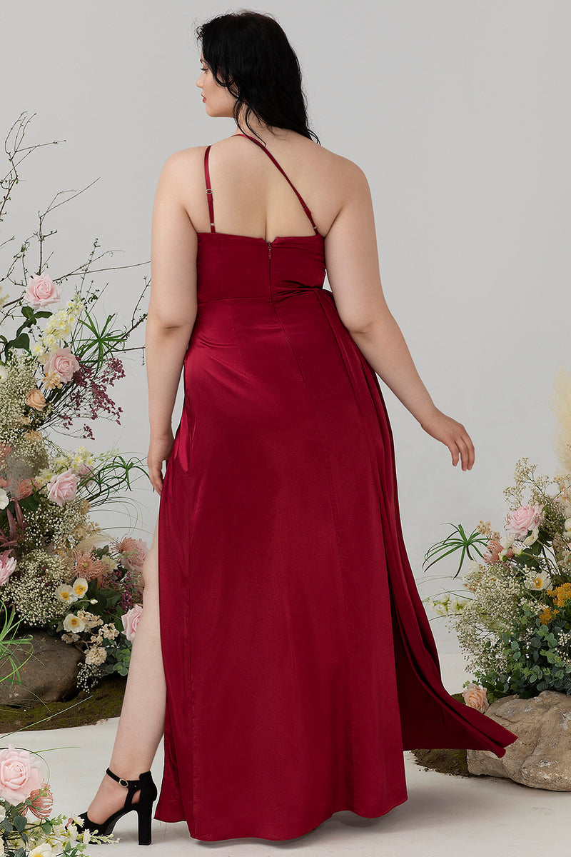 Załaduj obraz do przeglądarki galerii, Plus Size Burgundia Sukienki Dla Druhny Na Jedno Ramię
