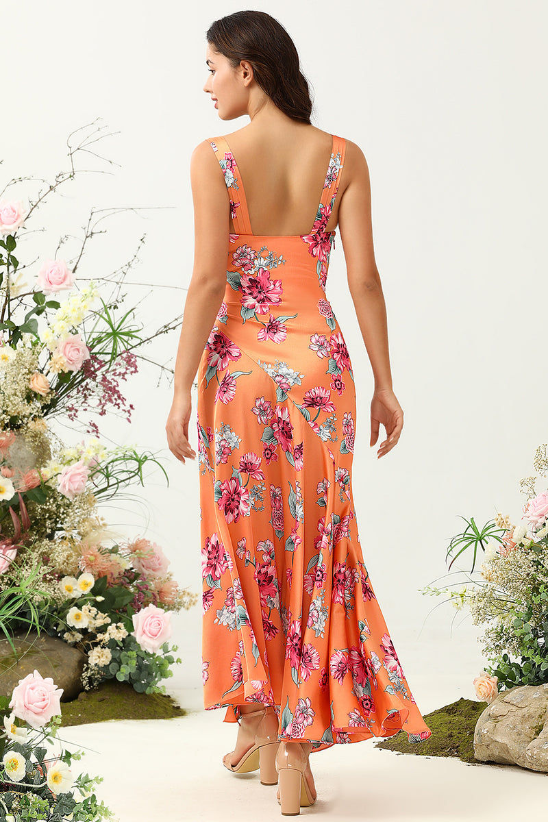 Załaduj obraz do przeglądarki galerii, Pomarańczowa Kwiatowa Asymetryczna Sukienka Dla Druhny W Stylu Boho