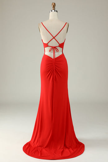 Plus Size Syrena Czerwona Sukienki Wieczorowe z Dzielonym Przodem