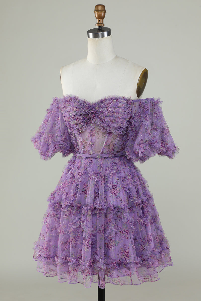 Załaduj obraz do przeglądarki galerii, Sukienki Koktajlowe Z Ramion Z Kwiatowym Nadrukiem