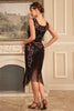 Załaduj obraz do przeglądarki galerii, Błyszcząca Czarny Cekiny Sukienka Lata 20 z Frędzlami