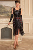 Załaduj obraz do przeglądarki galerii, Błyszcząca Czarny Cekiny Sukienka Lata 20 z Frędzlami