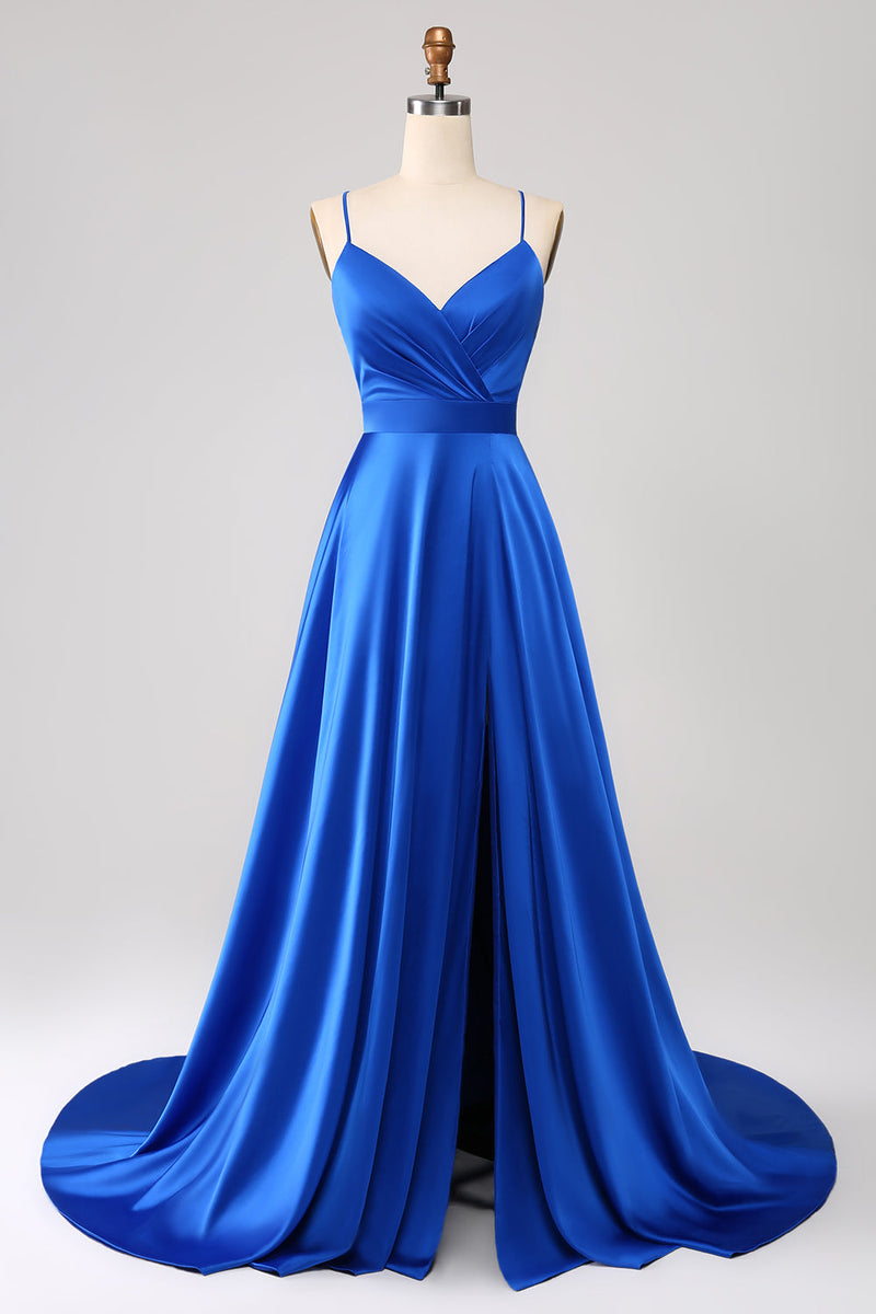 Załaduj obraz do przeglądarki galerii, Królewski Niebieski Cienkich Ramiączkach Sukienki Na Studniówke Z Rozcięciem