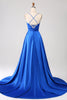 Załaduj obraz do przeglądarki galerii, Królewski Niebieski Cienkich Ramiączkach Sukienki Na Studniówke Z Rozcięciem