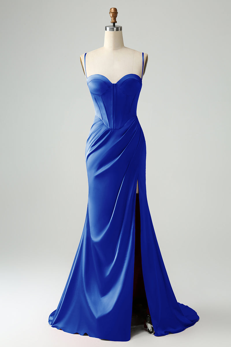 Załaduj obraz do przeglądarki galerii, Królewska Niebieska Gorsetowa Długa Sukienka Syrenka Na Studniówkę Z Rozcięciem