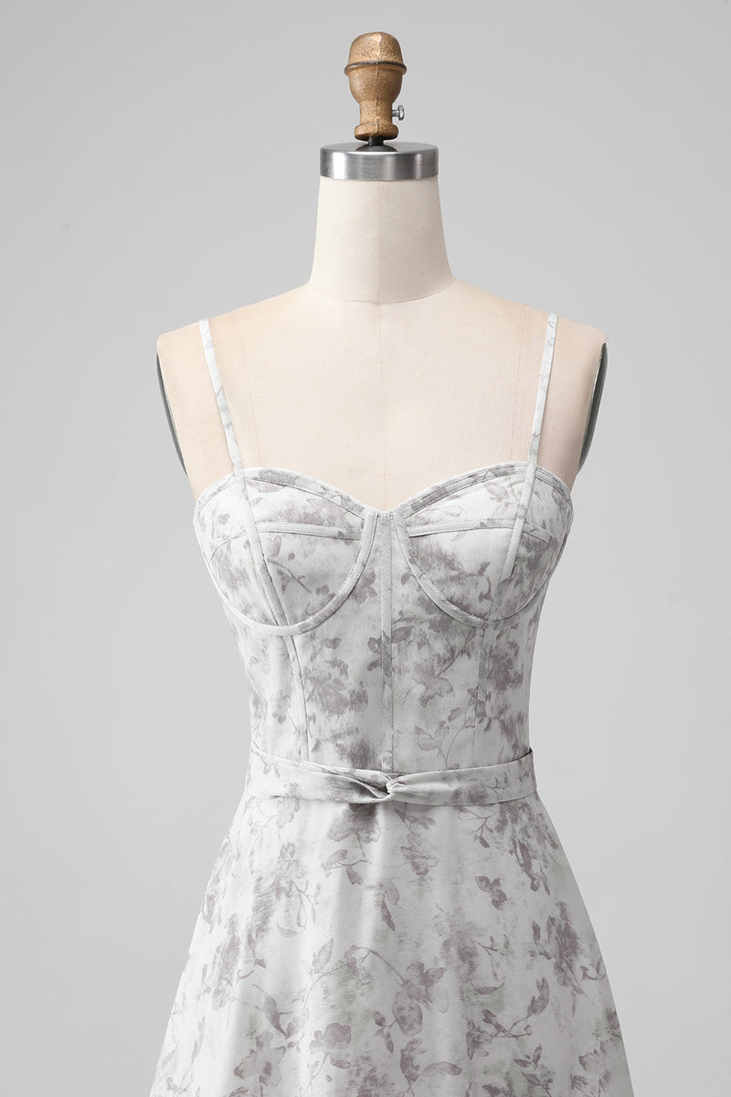Załaduj obraz do przeglądarki galerii, Białe Brązowe Kwiatowe Cienkich Ramiączkach Sukienka Na Wesele Z Falbankami