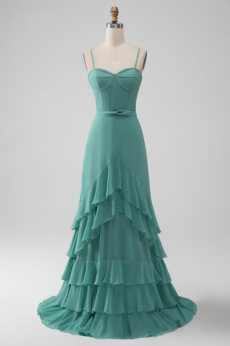 Załaduj obraz do przeglądarki galerii, Szaro-zielone Cienkich Ramiączkach Sukienka Na Wesele z Falbankami