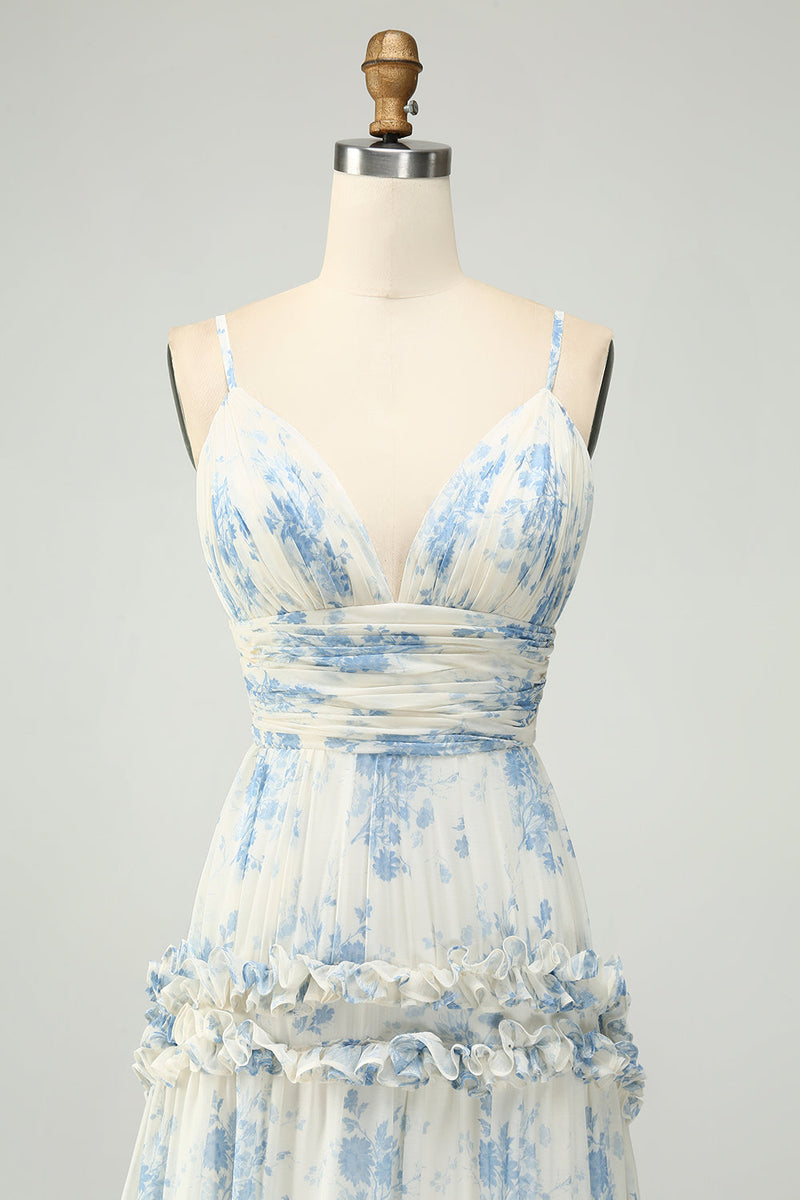 Załaduj obraz do przeglądarki galerii, Biały Niebieski Kwiat Długa Sukienki Na Wesele Z Falbankami
