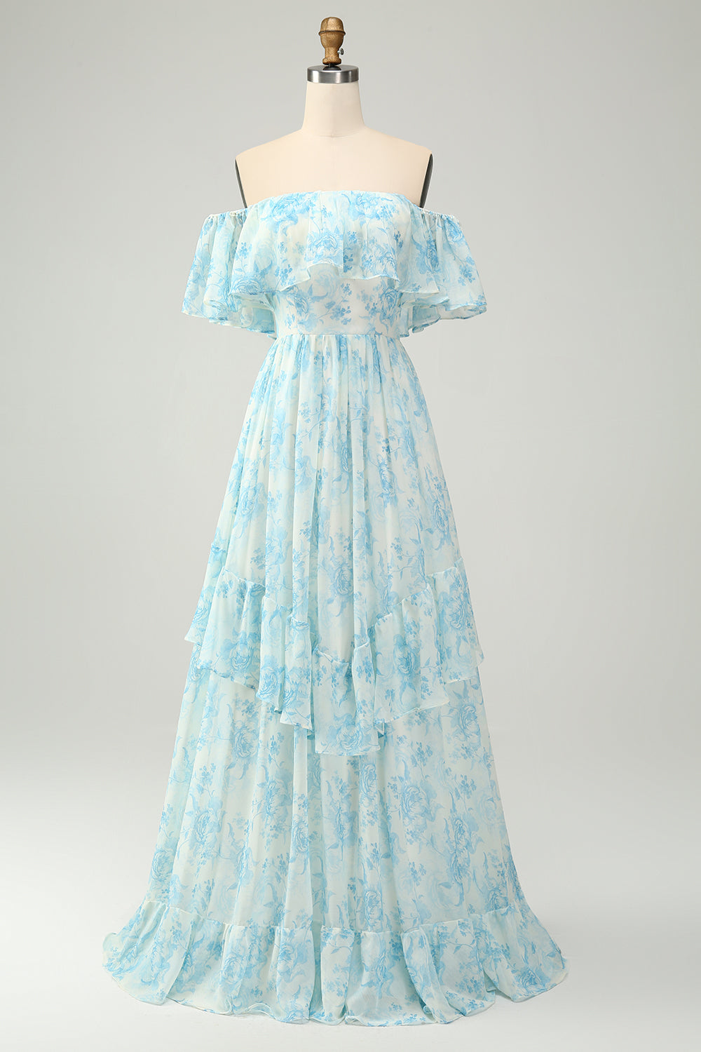 Biało-Niebieska Kwiatowa Długa Sukienki Na Wesele Z Odkrytymi Ramionami