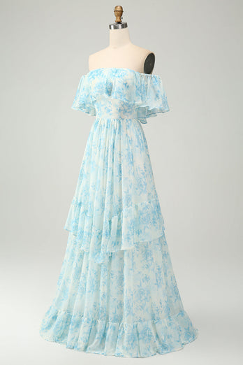 Biało-Niebieska Kwiatowa Długa Sukienki Na Wesele Z Odkrytymi Ramionami