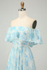 Załaduj obraz do przeglądarki galerii, Biało-Niebieska Kwiatowa Długa Sukienki Na Wesele Z Odkrytymi Ramionami