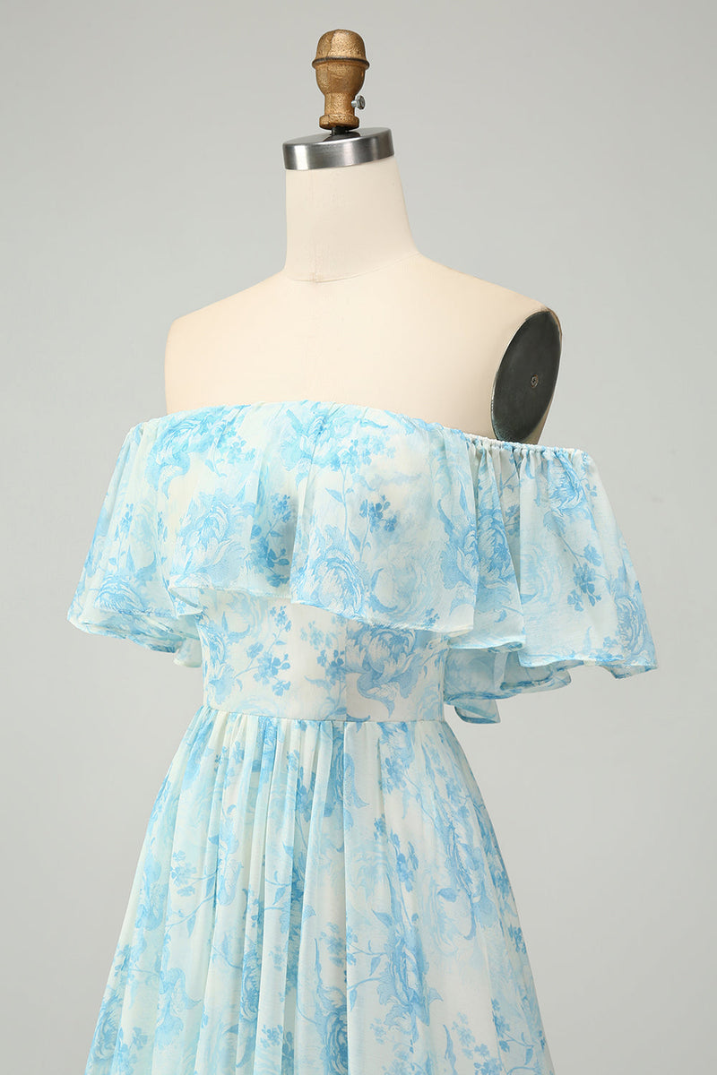 Załaduj obraz do przeglądarki galerii, Biało-Niebieska Kwiatowa Długa Sukienki Na Wesele Z Odkrytymi Ramionami