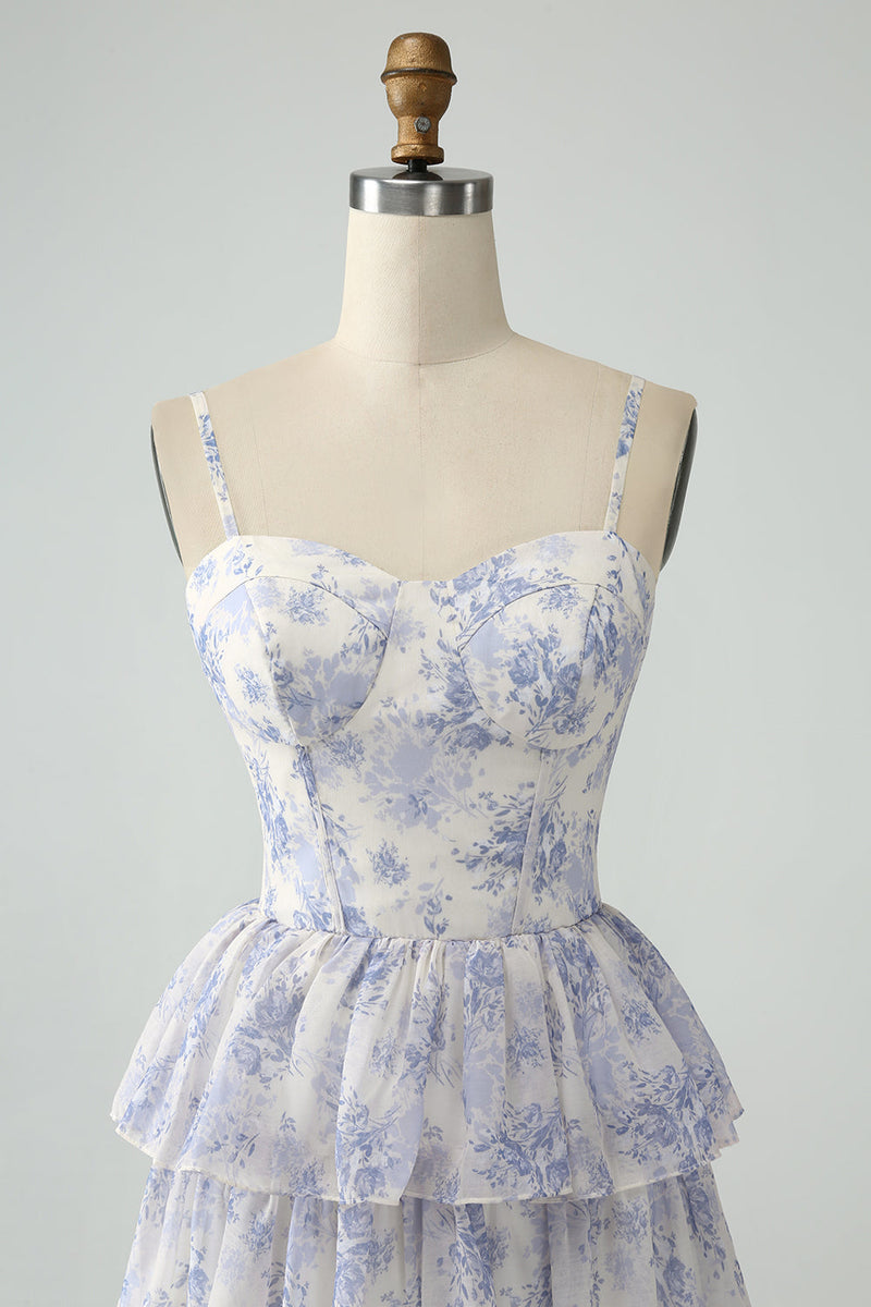 Załaduj obraz do przeglądarki galerii, Biała Niebieska Kwiat Cienkich Ramiączkach Sukienka Na Wesele Z Falbankami