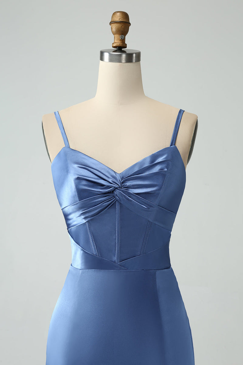 Załaduj obraz do przeglądarki galerii, Szary Niebieski Długa Satynowa Sukienka Syrenka Na Wesele Z Rozcięciem