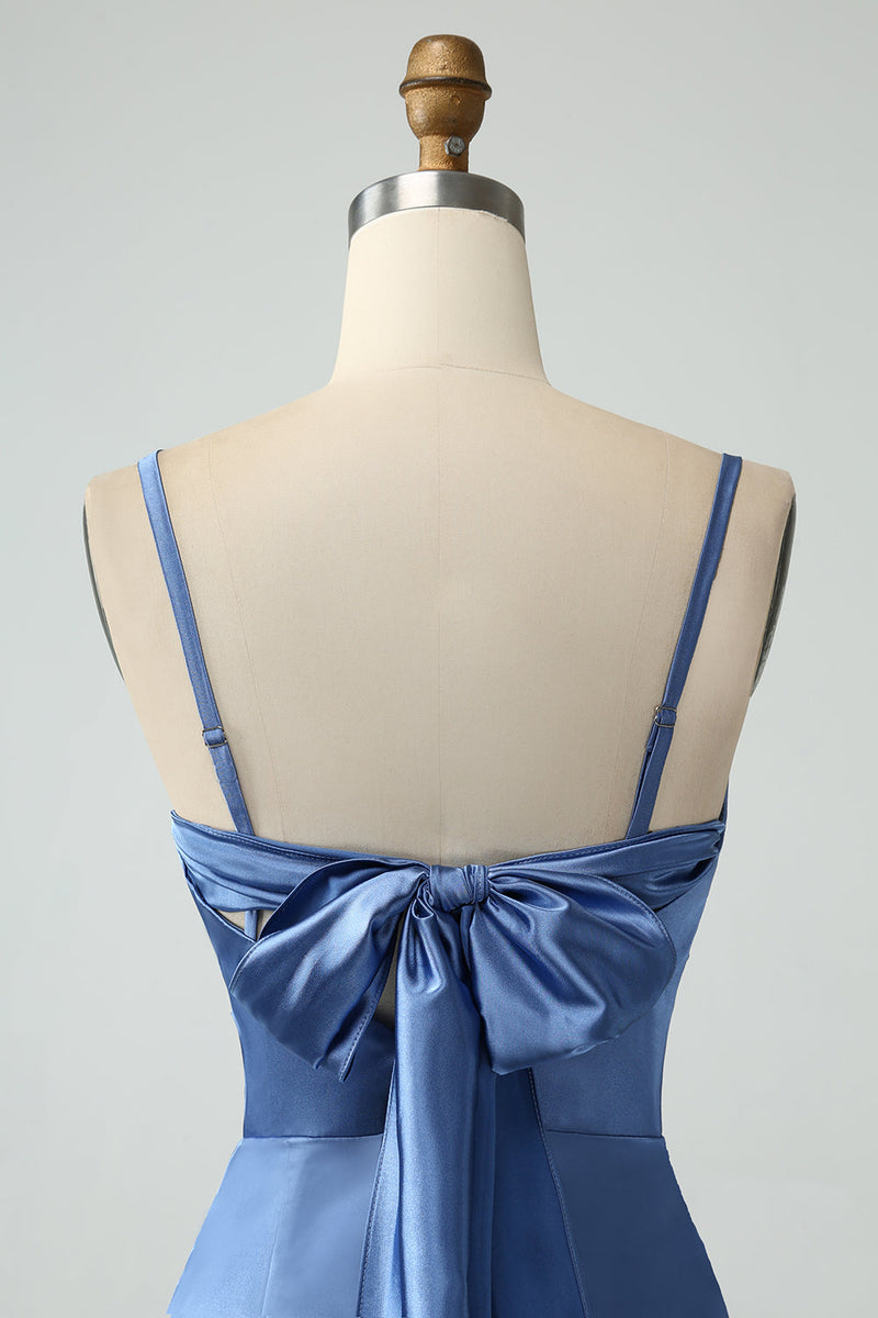 Załaduj obraz do przeglądarki galerii, Szary Niebieski Długa Satynowa Sukienka Syrenka Na Wesele Z Rozcięciem