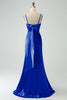 Załaduj obraz do przeglądarki galerii, Królewska Niebieska Długa Satynowa Sukienka Syrenka Na Wesele Z Rozcięciem