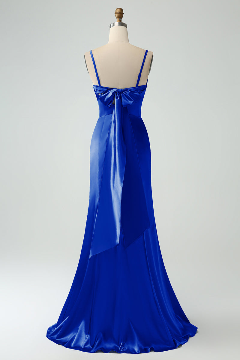 Załaduj obraz do przeglądarki galerii, Królewska Niebieska Długa Satynowa Sukienka Syrenka Na Wesele Z Rozcięciem