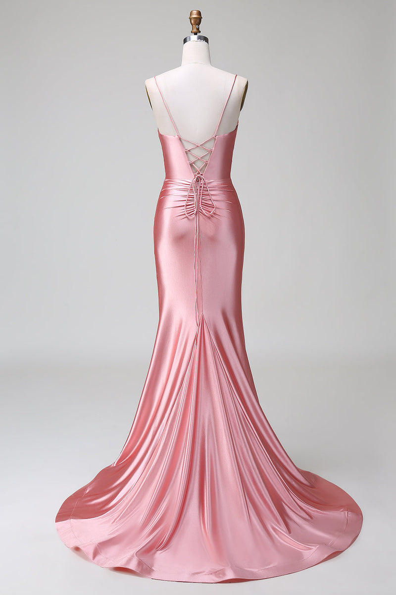 Załaduj obraz do przeglądarki galerii, Różowa syrenka na ramiączkach Spaghetti Satynowa sukienka na studniówkę z rozcięciem
