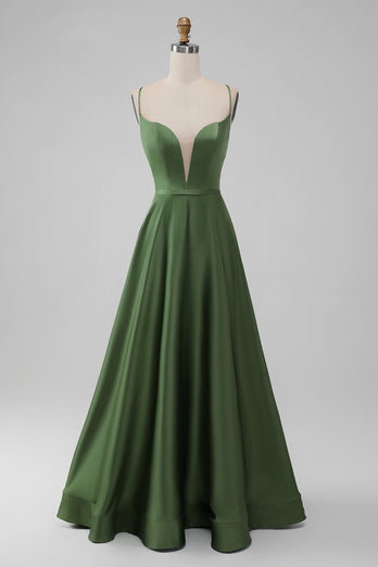 Prosta Zielona Satynowa Sukienka Na Wesele W Kształcie Litery A z Sznurowany Tył