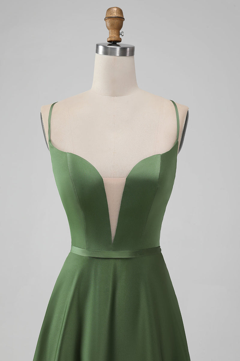 Załaduj obraz do przeglądarki galerii, Prosta Zielona Satynowa Sukienka Na Wesele W Kształcie Litery A z Sznurowany Tył