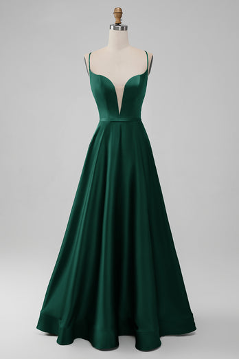 Prosta Zielona Satynowa Sukienka Na Wesele W Kształcie Litery A z Sznurowany Tył